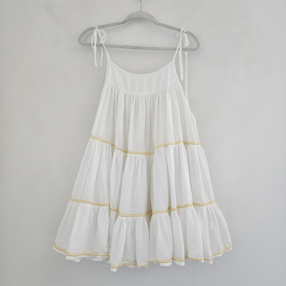 Honorine Peri White With Yellow Embroidered Strips Tiered Pouff Dress - Picture 3 of 11